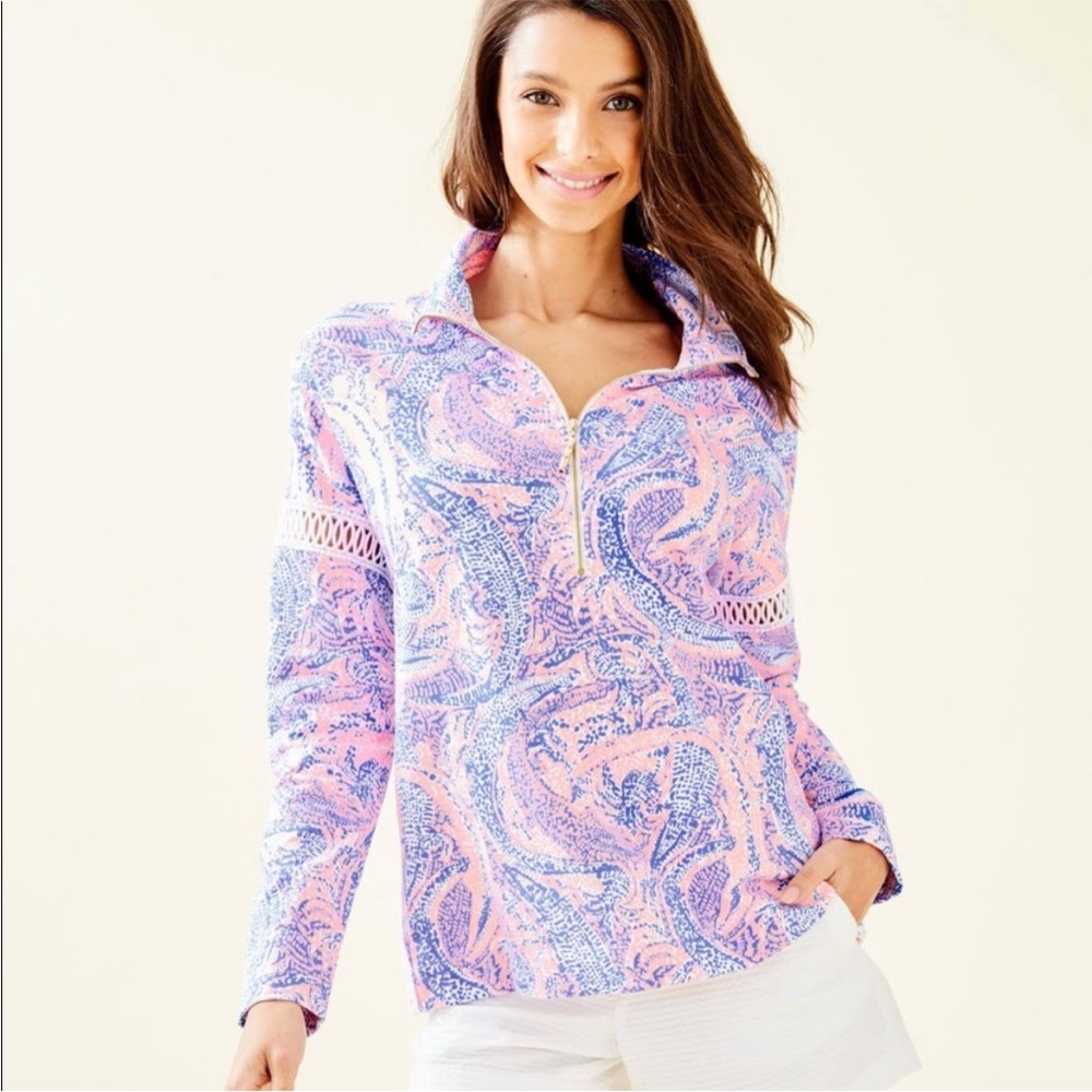 Lilly Pulitzer Jonah Popover in Coastal Blue Maybe Gator Half Zip Pullover